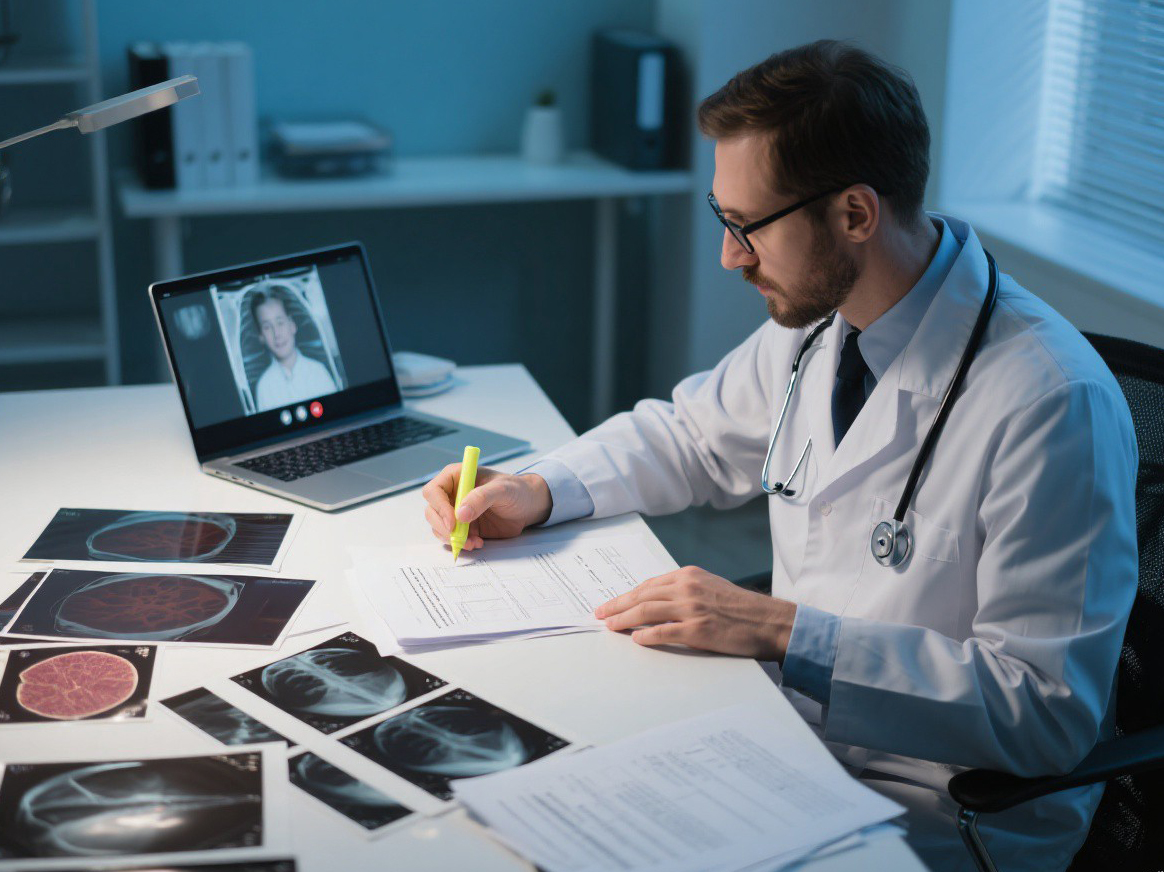 Doctor reviewing imaging and pathology reports during a remote consultation