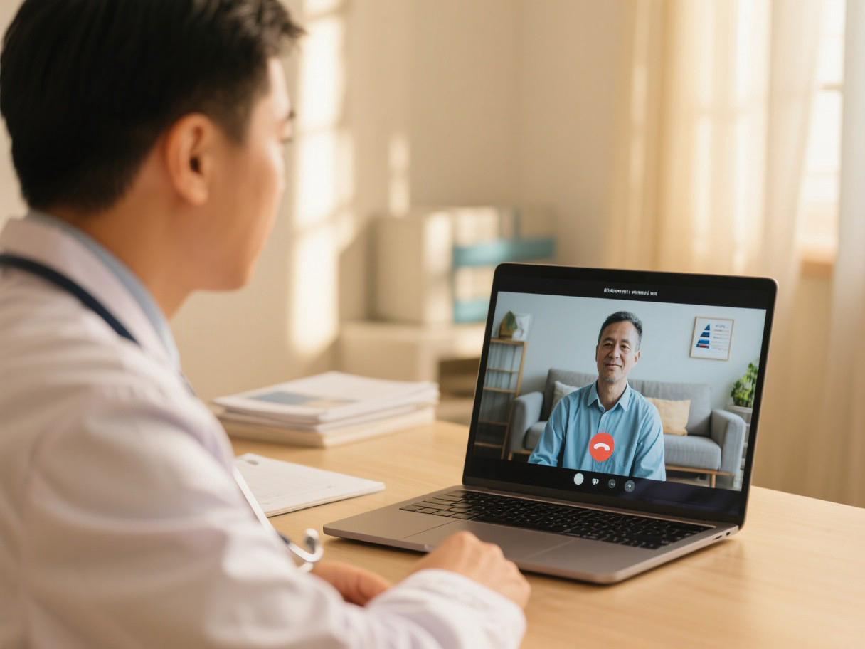 Doctor conducting a video follow-up consultation with a patient abroad