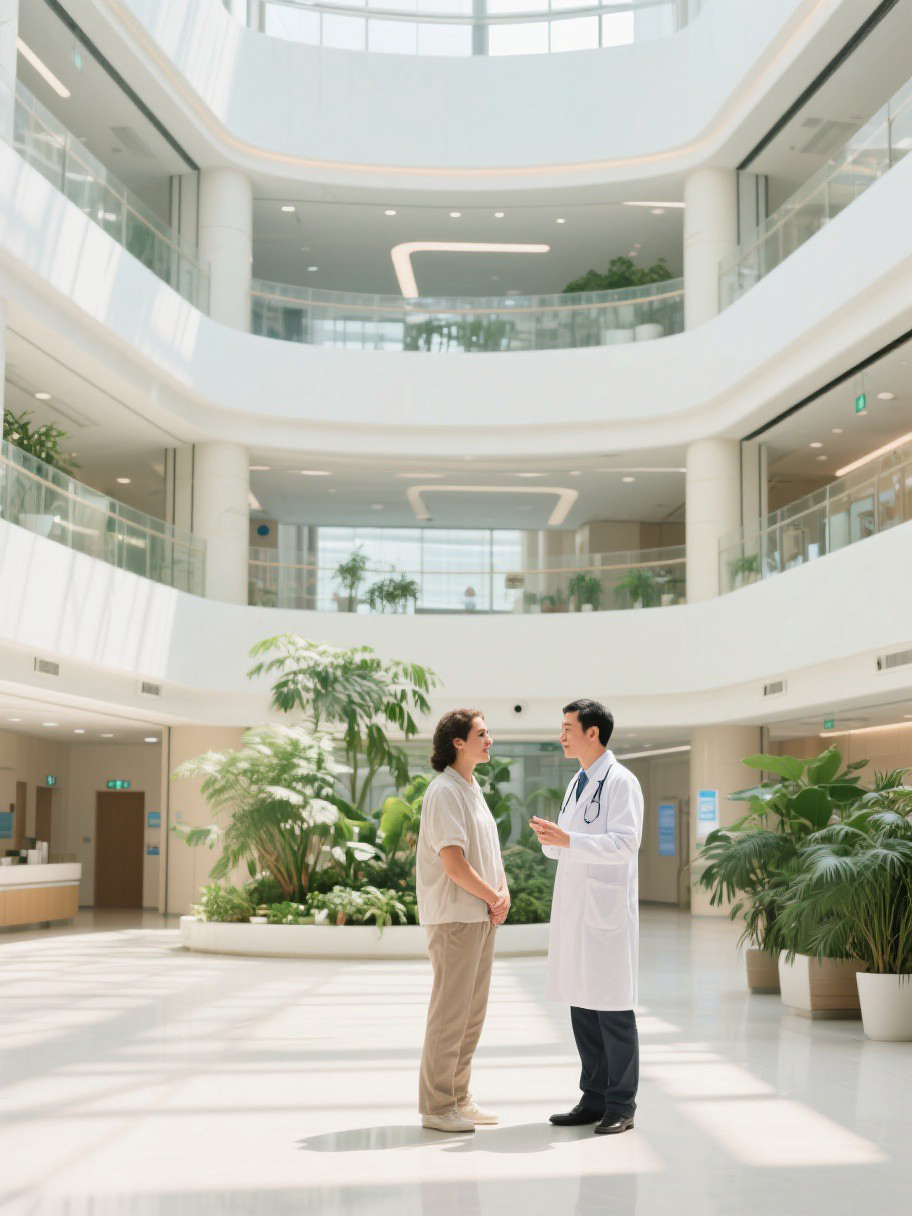 A doctor welcoming an international patient in a bright hospital atrium in Chengdu