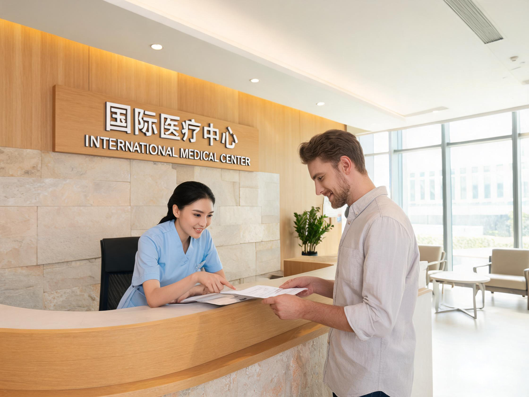 International medical centre reception with bilingual signage