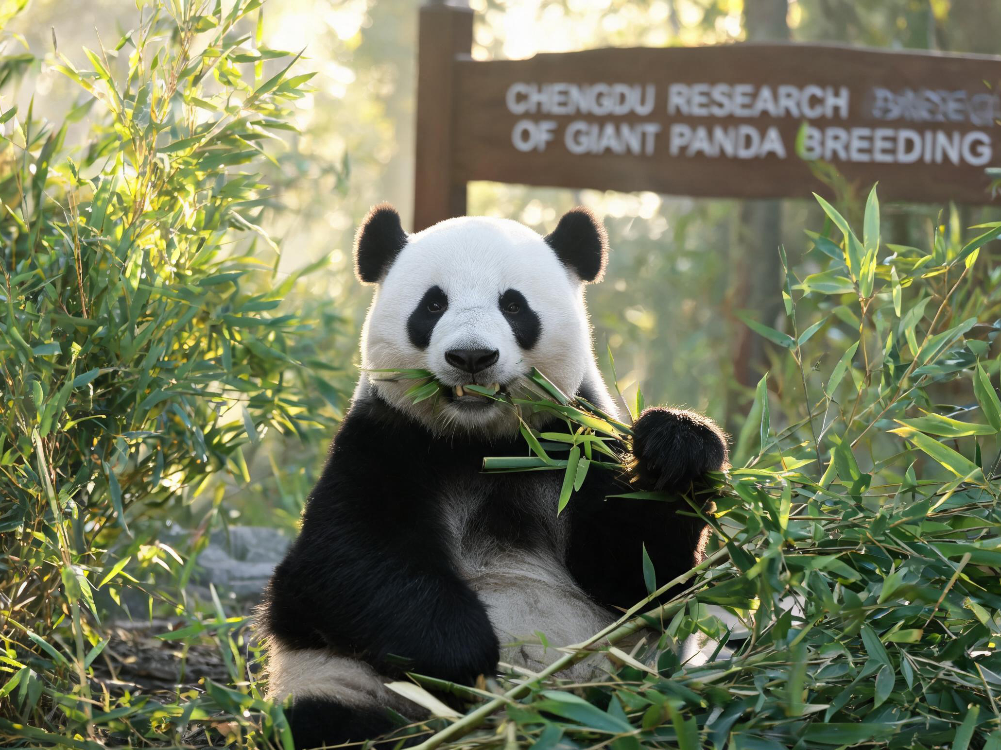 Giant panda eating bamboo in Chengdu