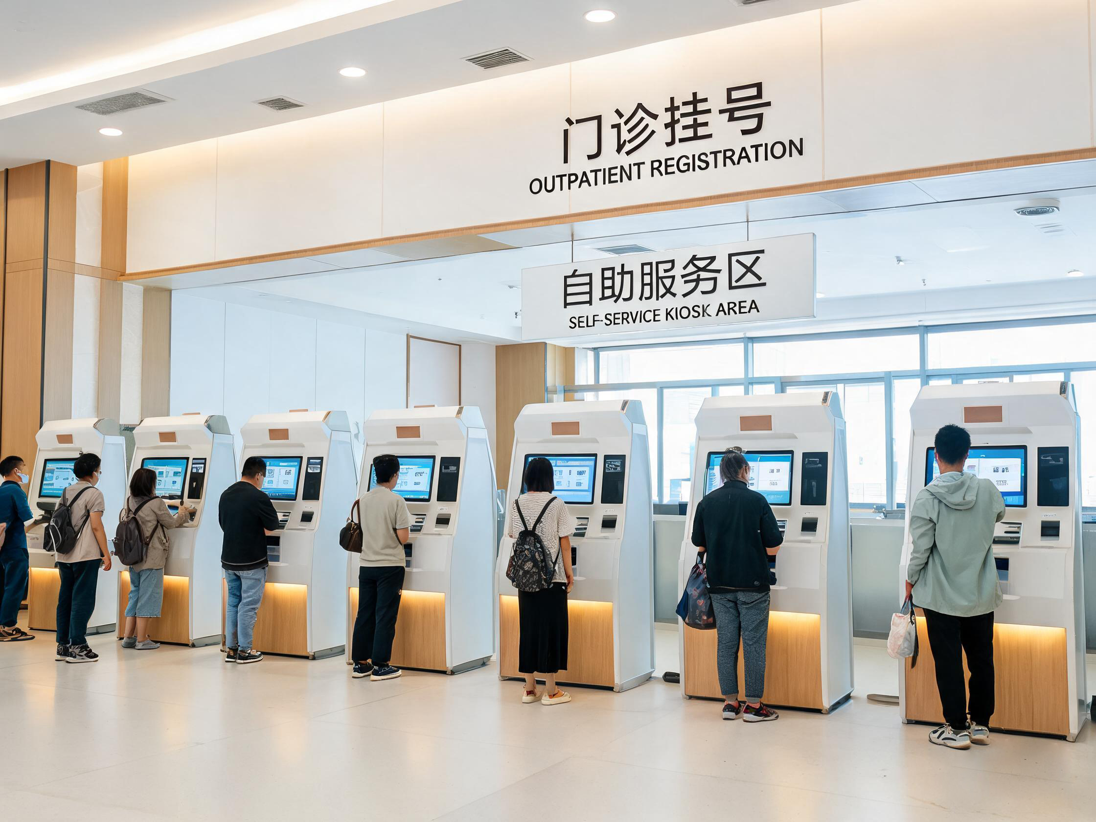 Outpatient registration hall with self-service kiosks