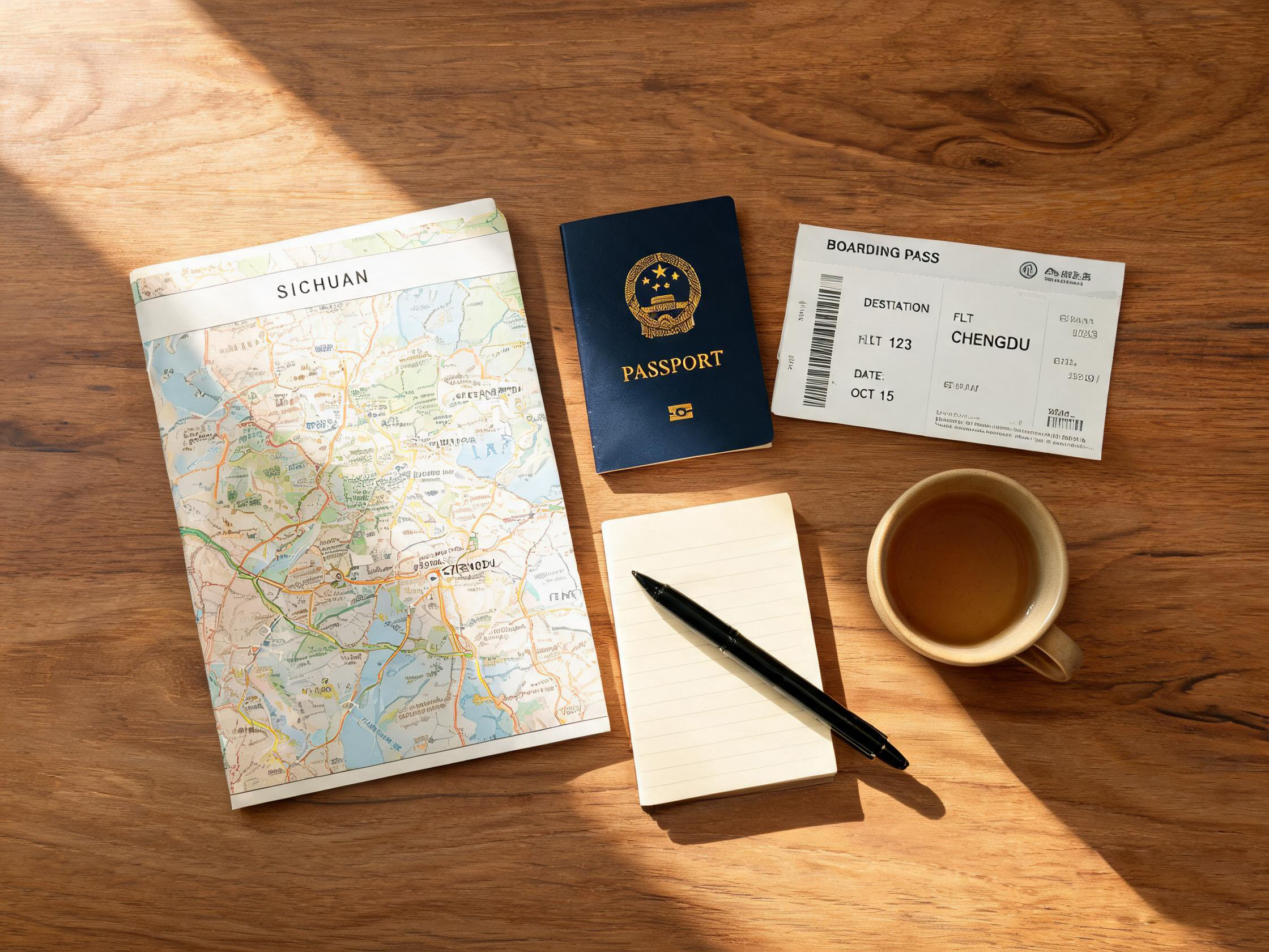 Trip planning flat lay with a map of Sichuan, passport and notebook